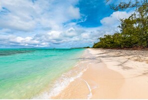Une plage à l’eau turquoise et limpide, bordée d’un rivage sablonneux et d’une végétation luxuriante.