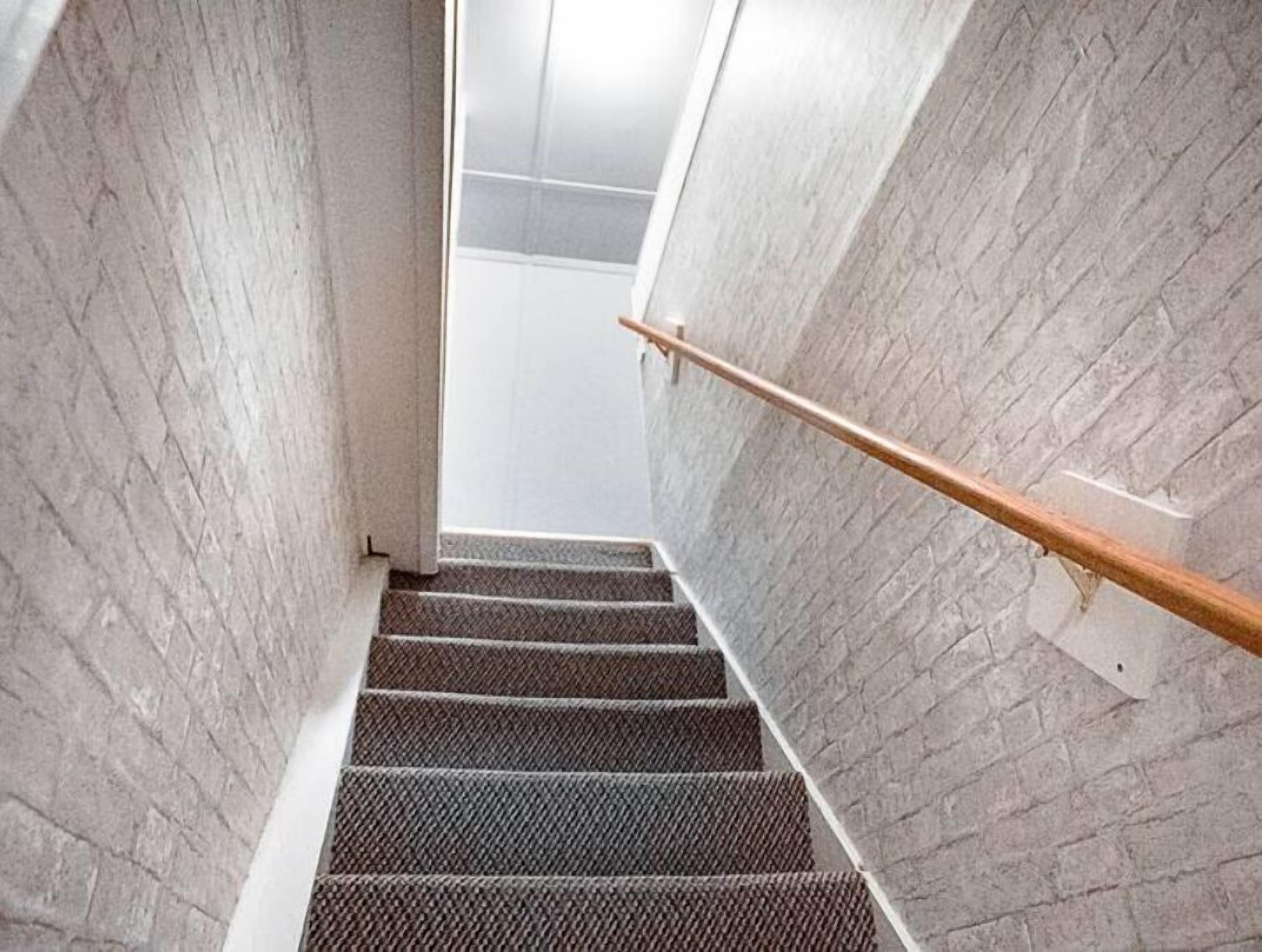 A staircase with a wooden handrail, carpeted steps, and stone walls.