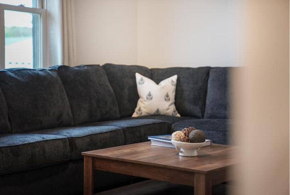 En mørkegrå sofa med en hvid pude med et katte-mønster. Et træsofabord med en skål snacks står foran sofaen.