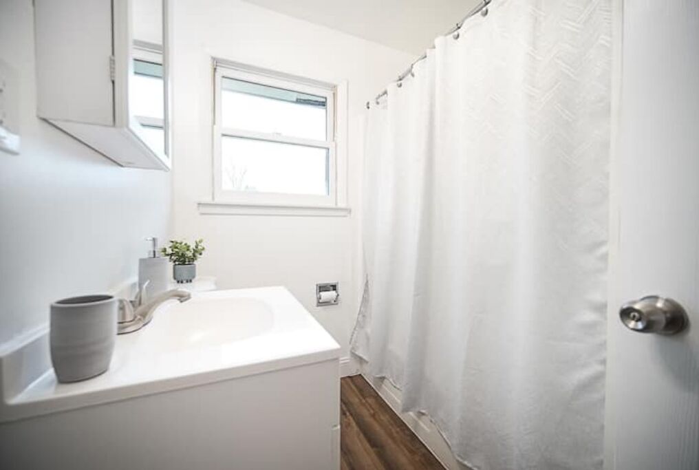 Une salle de bain avec un lavabo blanc, une petite plante en pot et une fenêtre au-dessus du lavabo.
