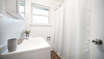 Une salle de bain avec un lavabo blanc, une petite plante en pot et une fenêtre au-dessus du lavabo.