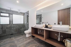 Shower, hair dryer, soap, shampoo