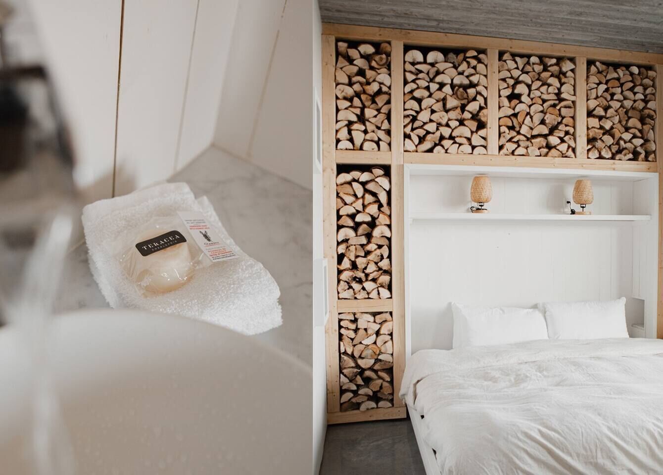 A bedroom with a bed, a wooden headboard, and a shelf with candles.
