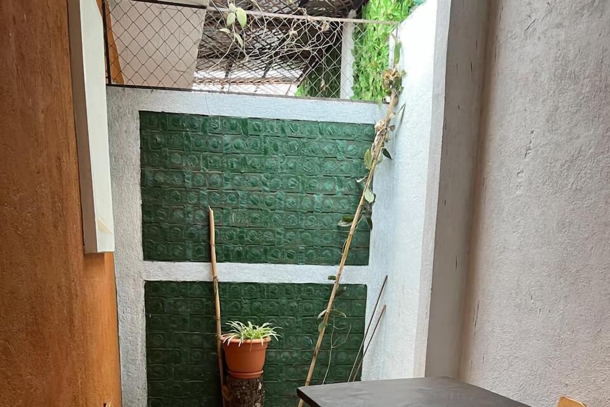 Un pequeño espacio al aire libre con dos bancos de madera y una mesa, rodeado de suelo de concreto y una pared verde con textura.