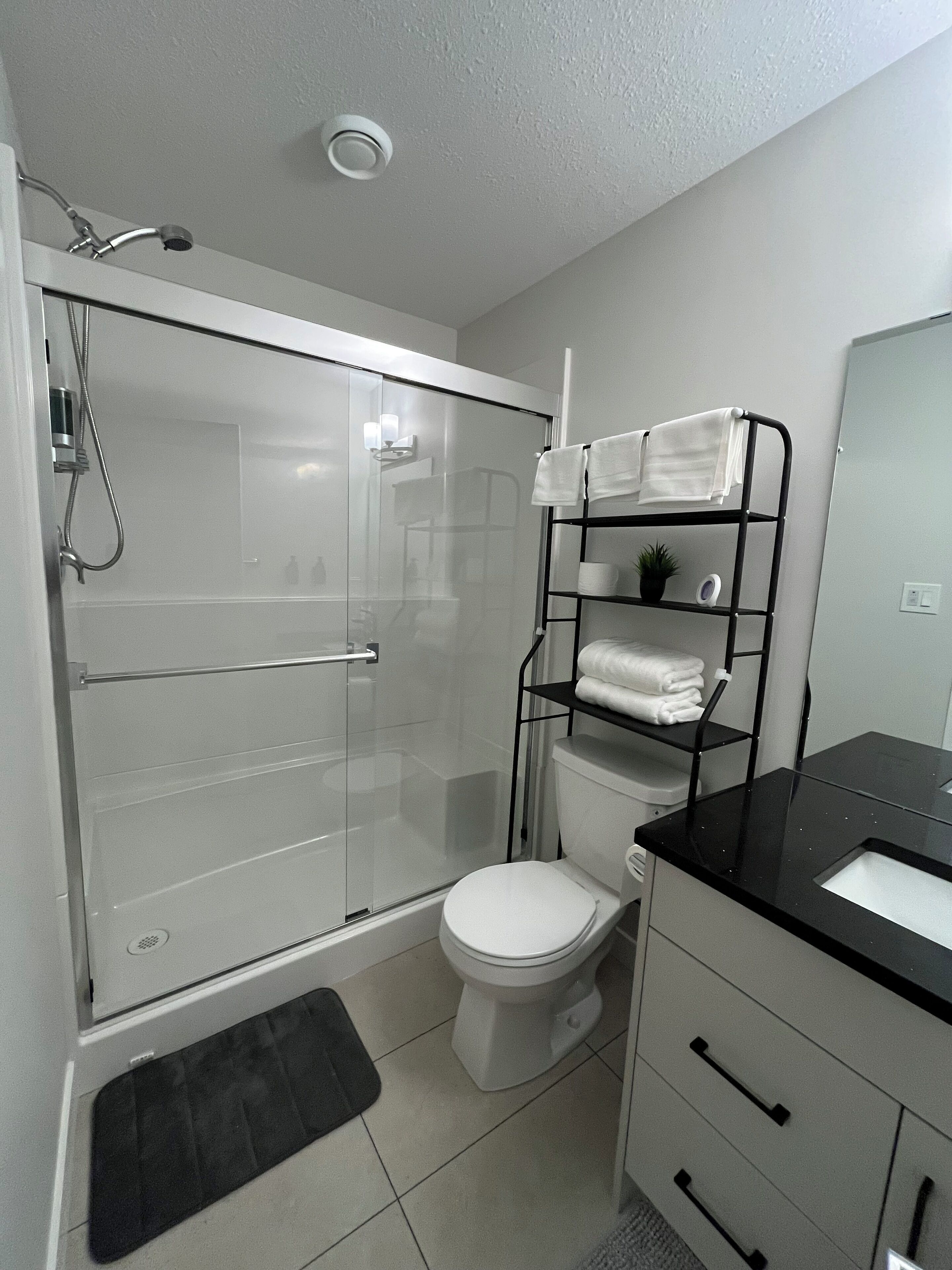 Hair dryer, towels, soap, toilet paper