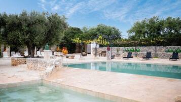 Seasonal outdoor pool, sun loungers
