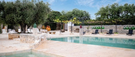 Seasonal outdoor pool, pool loungers