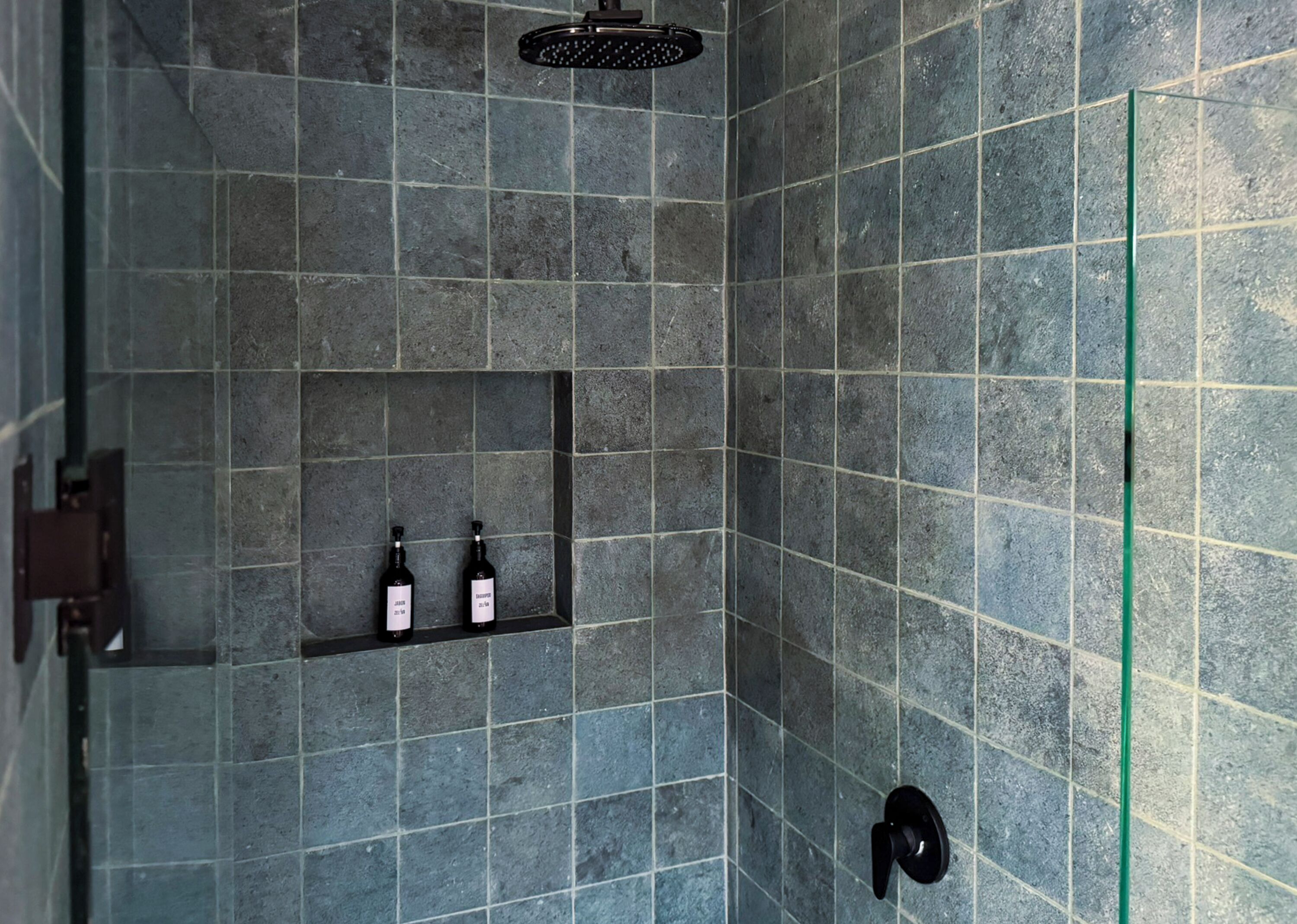 A shower area with a glass door, a showerhead, and two bottles of shampoo on a shelf.