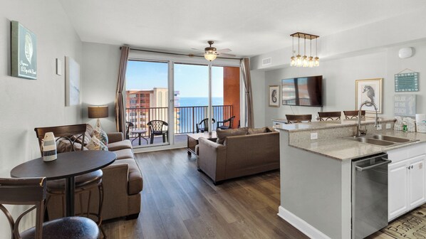 Condo, Multiple Beds, Balcony, Beach View (Shores of Panama 2308) | Living area | 55-inch flat-screen TV with digital channels