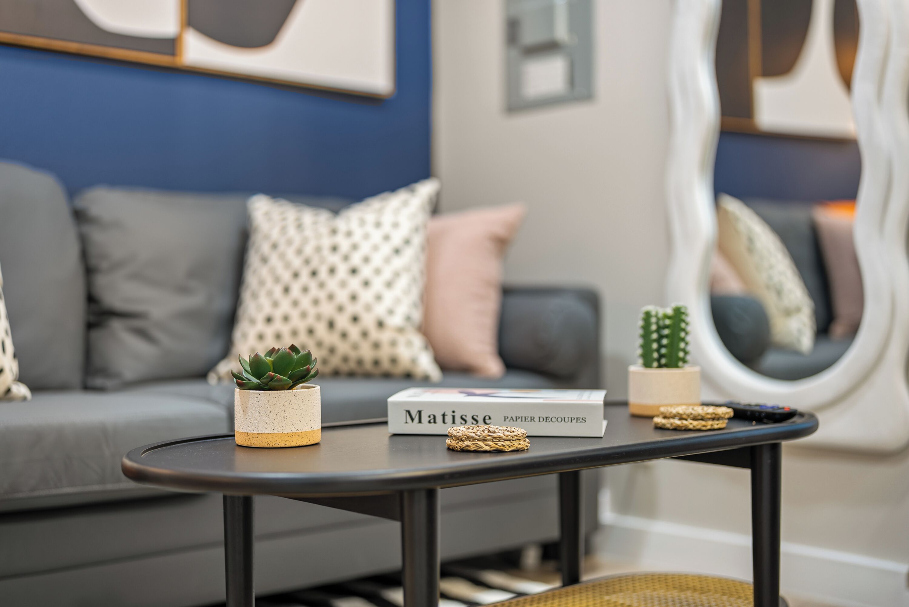 A modern living room with a grey sofa, patterned cushions, a small table with a book titled 'Matisse', a succulent plant, and a cactus.