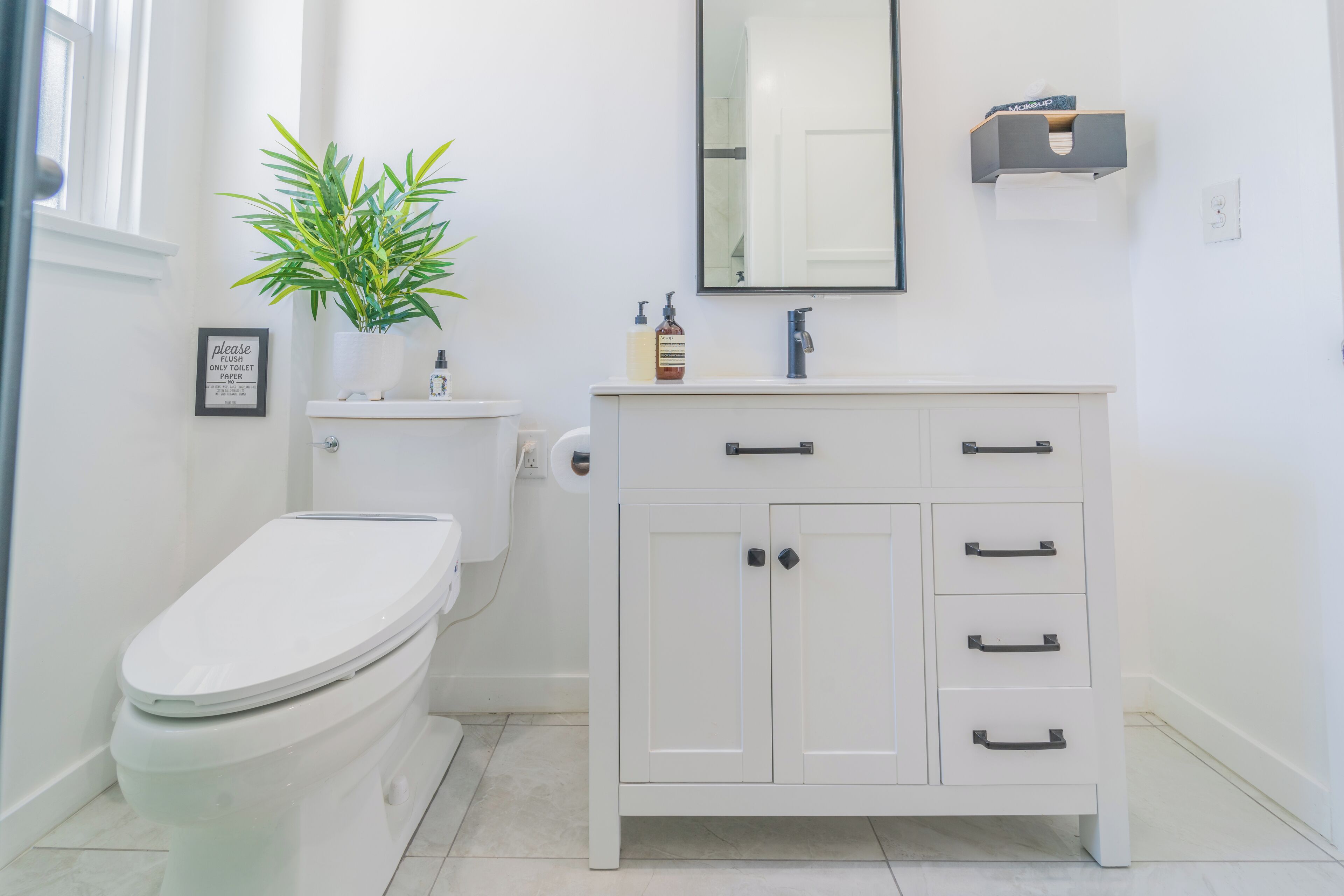 A bathroom with a toilet, a sink with a mirror, a cabinet with drawers, and a potted plant.