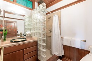 Shower, hair dryer, bidet, towels