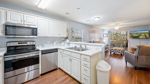 A modern kitchen with white cabinets, stainless steel appliances, and a central island.