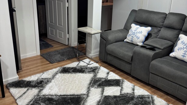 A living room with a grey sofa, a patterned rug, and a door leading to a kitchen. - Private basement apartment in private house in vibrant Minneapolis (Minneapolis)