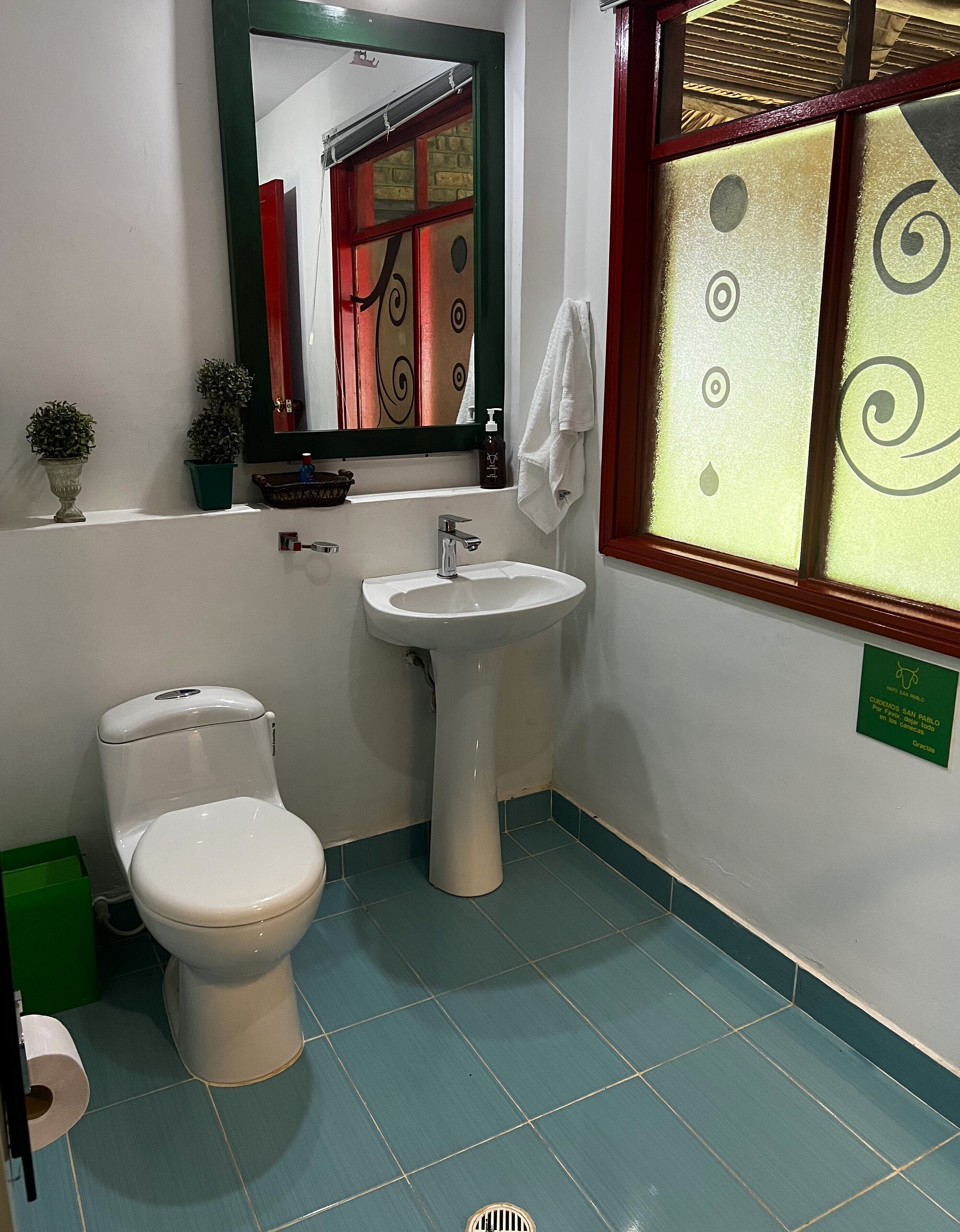 Un baño con inodoro, lavamanos y espejo.