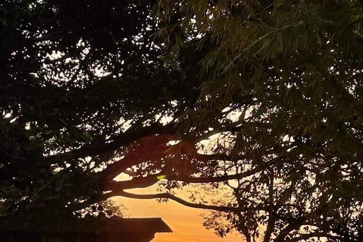 A cabin with a deck overlooking a body of water at sunset.