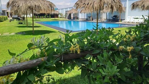 A pool area with thatched umbrellas, a clear blue pool, and a well-maintained lawn. - HOTEL KENDARI (Grocio Prado)
