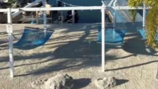 A beachside view with a clear sky, a sandy area with a hammock and chairs, and a calm sea. - Cozy 1-bedroom mobile home with AC, WiFi in enchanting Key Largo (Key Largo)