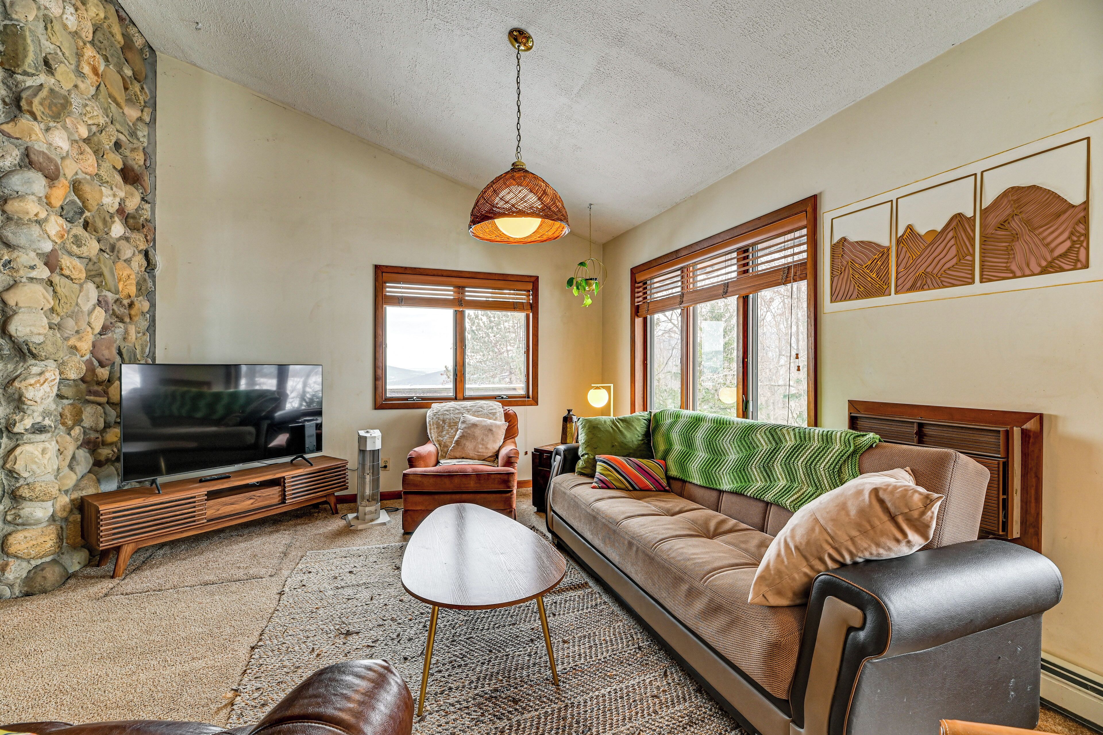 TV, fireplace, books