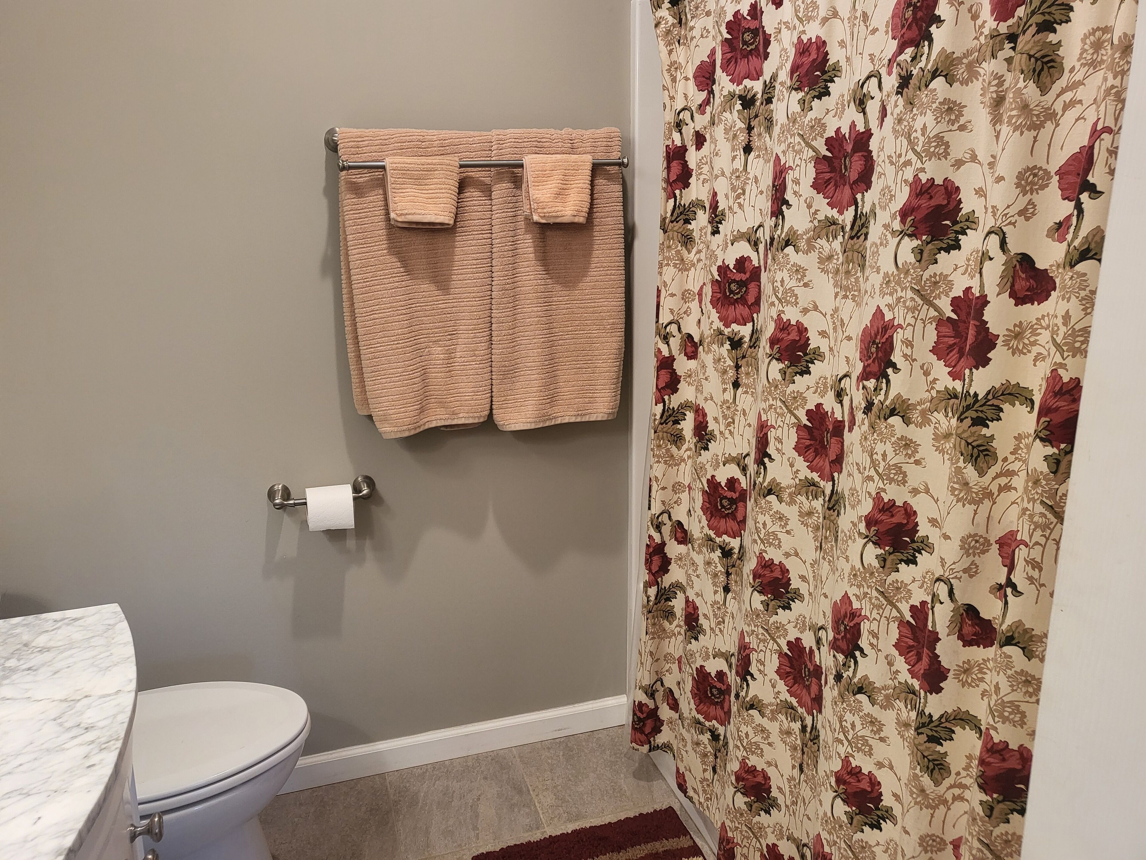Ein Badezimmer mit Toilette, einem Handtuchhalter mit zwei Handtüchern, einem Toilettenpapierhalter und einem Duschvorhang mit Blumenmuster.