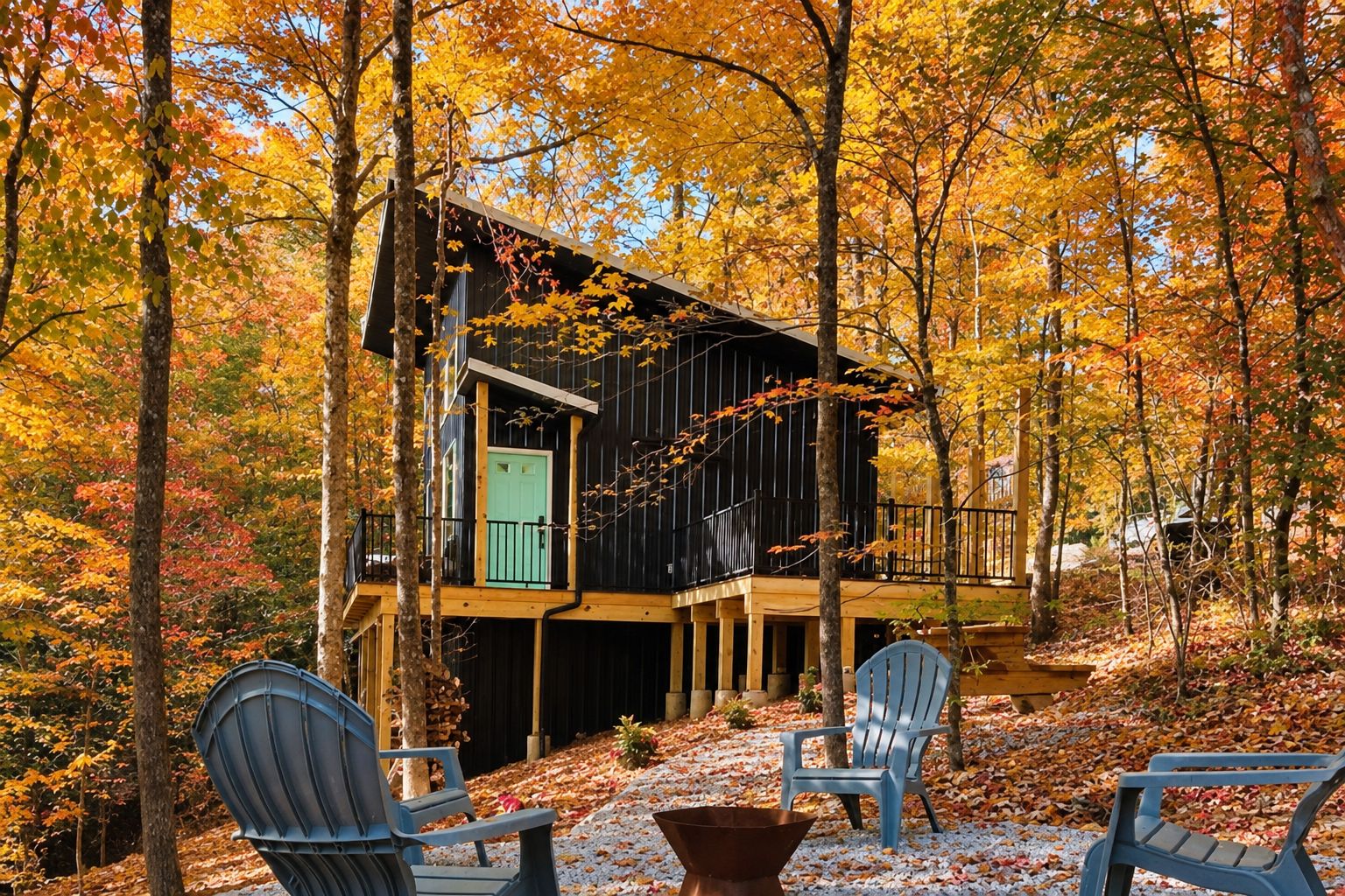 A cabin with a deck, surrounded by trees with autumn leaves.