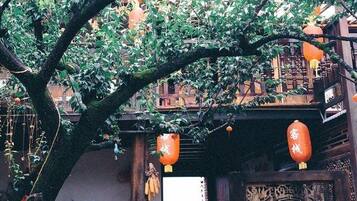 Ein traditioneller Innenhof mit einem großen Baum, Kübelpflanzen und Laternen.