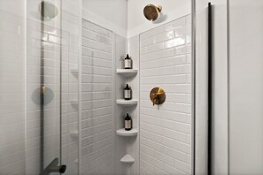 Hair dryer, towels, soap, shampoo