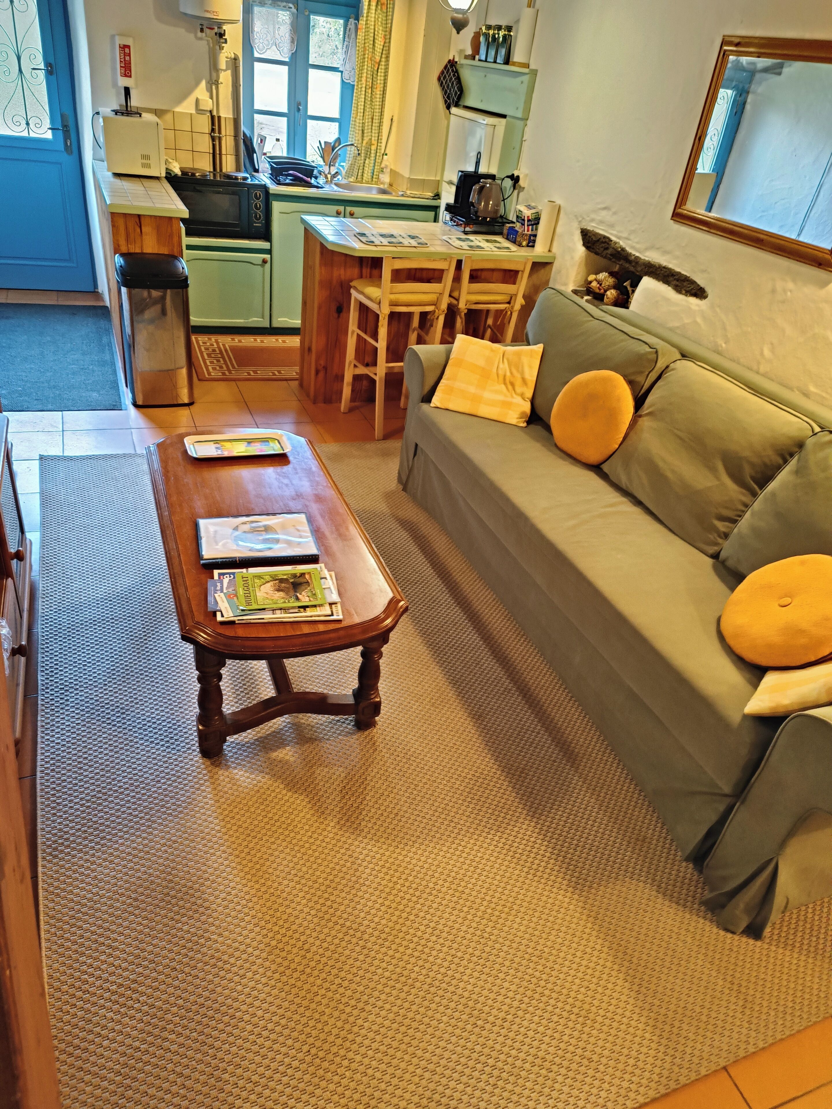 Een gezellige woonkamer met een bank, een houten salontafel en een eethoek met een tafel en stoelen.