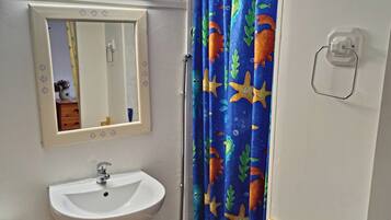 A bathroom with a white sink, a mirror, and a shower curtain with a sea creature pattern.
