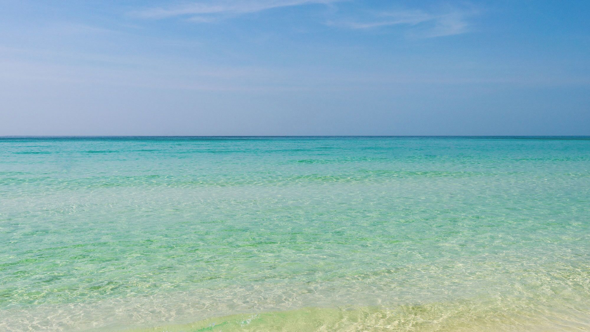 Une vue dégagée sur une plage aux eaux turquoise et un ciel clair.
