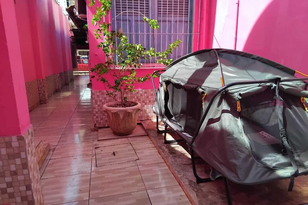 Un couloir étroit au sol carrelé, une plante en pot et une tente installée sur le côté droit.