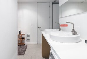 Chuveiro, secador de cabelo, toalhas de banho, papel higiênico