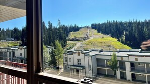 Vista desde una ventana con vista a un edificio de techo verde, un estacionamiento y una colina boscosa.