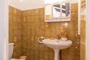 Un bany amb un lavabo blanc, un vàter i un mirall sobre el lavabo.