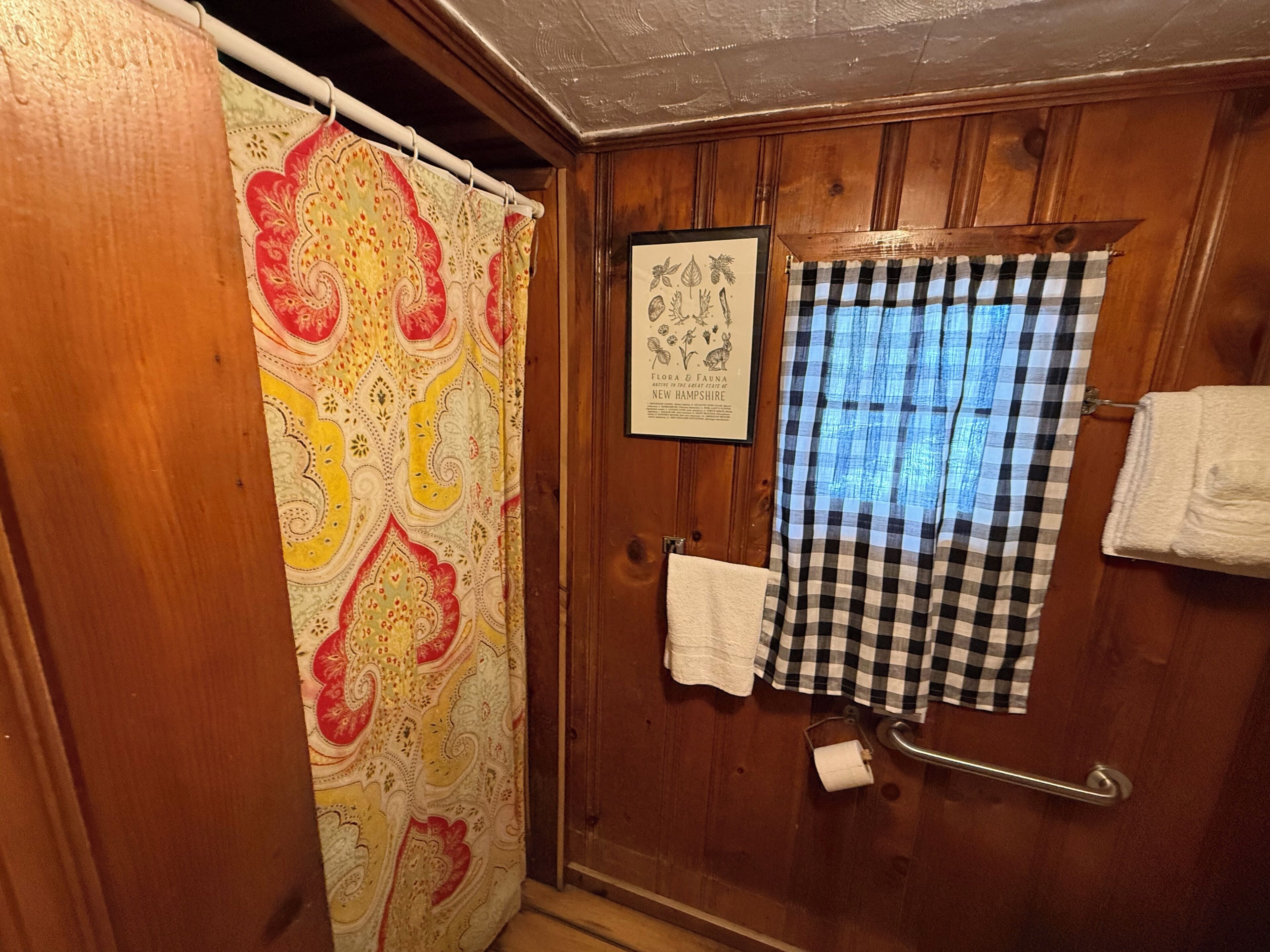 Une salle de bain avec une porte en bois, un rideau de douche à motifs, une estampe botanique encadrée, une serviette à carreaux et un rouleau de papier toilette.