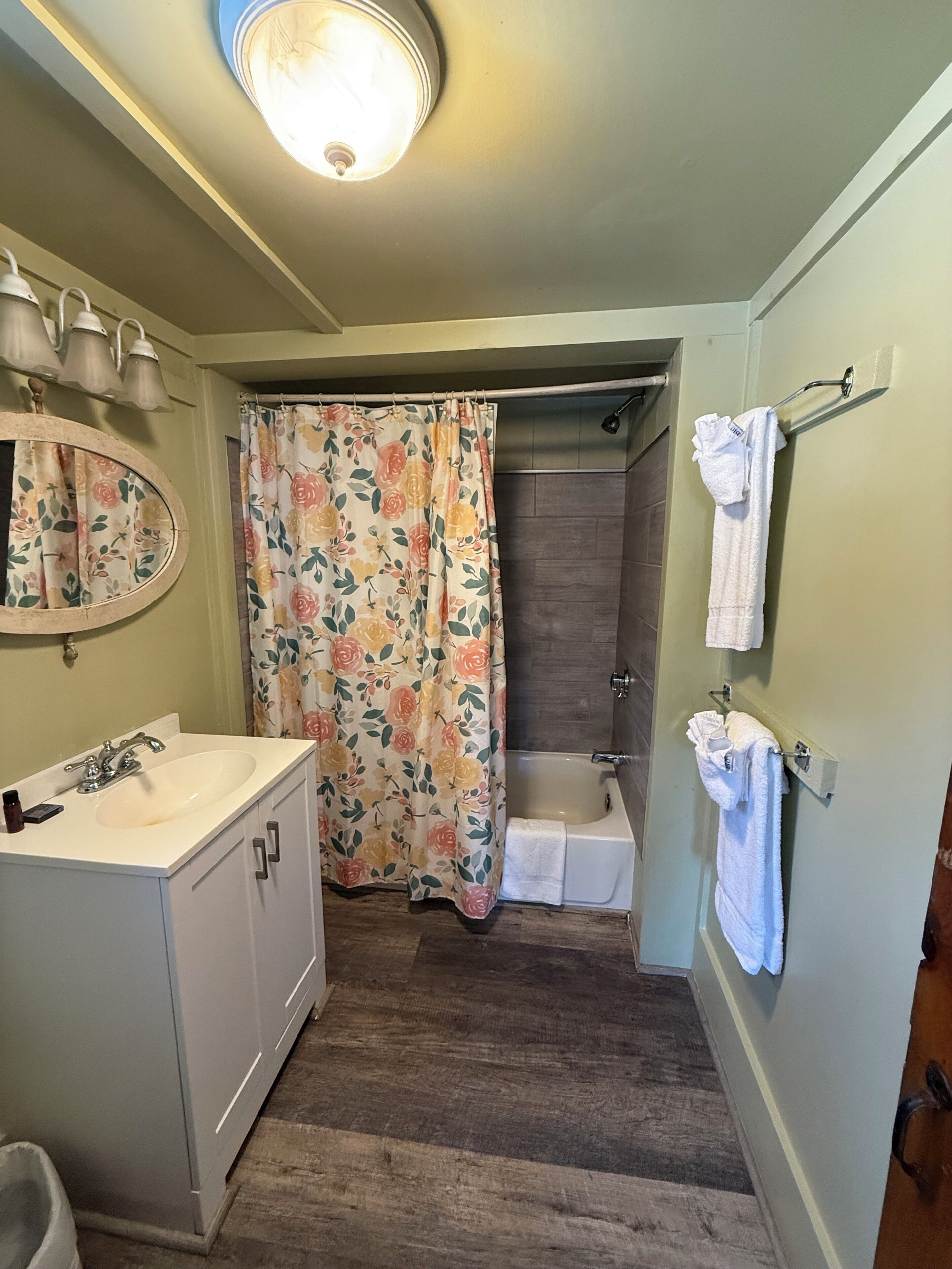 Une salle de bain équipée d’un lavabo, d’un miroir, d’une douche et d’un porte-serviettes.