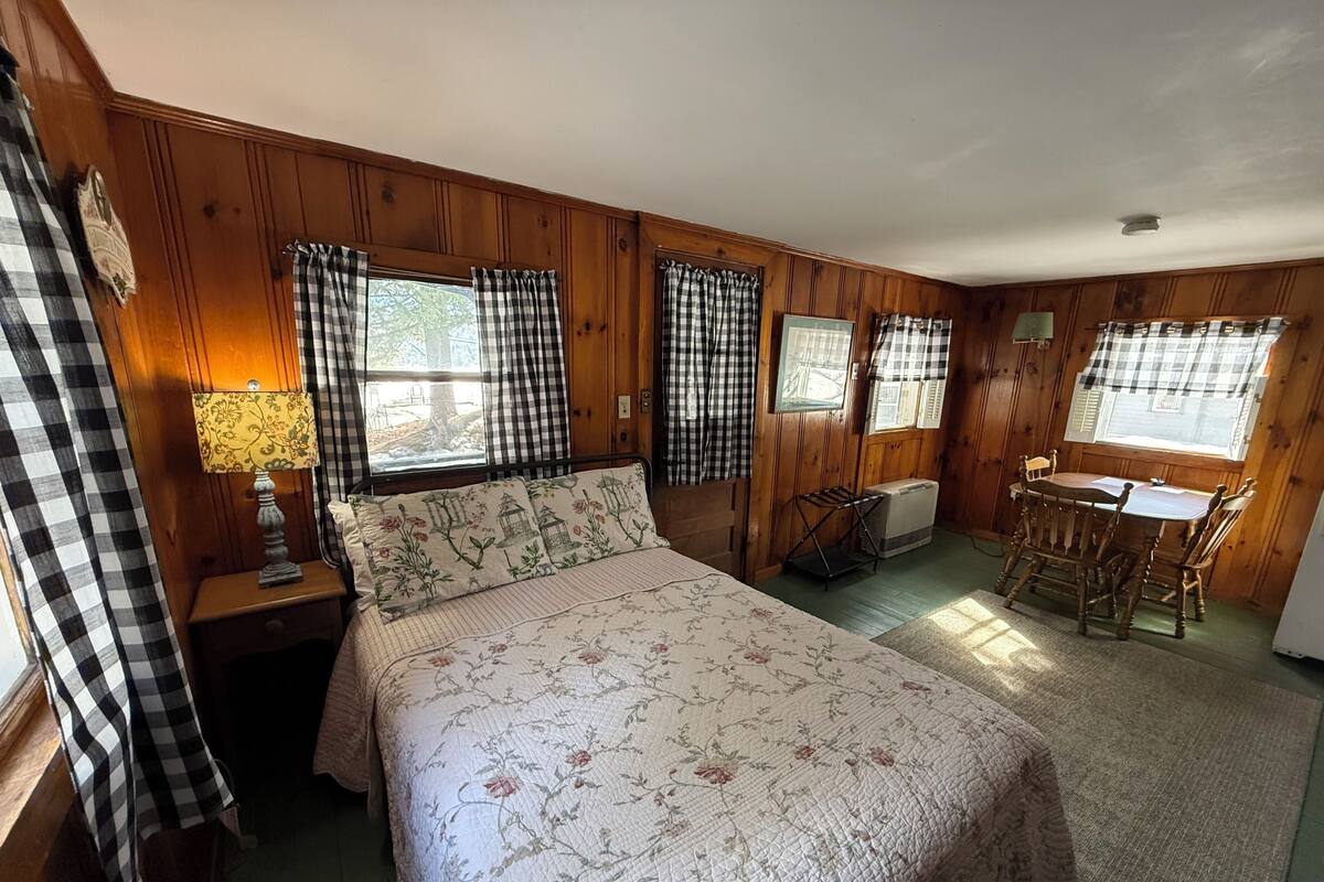 A room with a bed, a table with chairs, a radiator, and curtains.