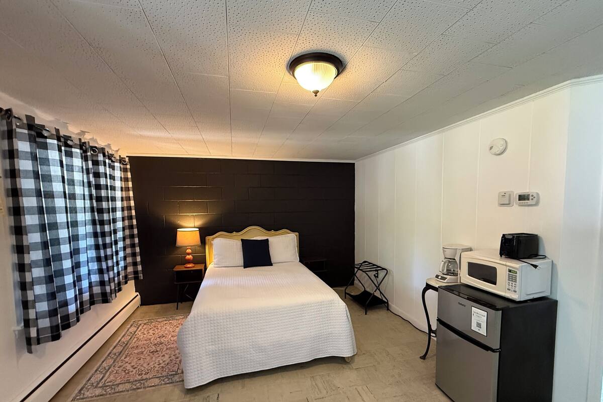 A hotel room with a bed, a bedside lamp, a microwave, a refrigerator, a black wall, a checkered curtain, and a patterned rug.