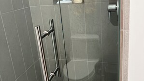 A modern bathroom with a glass shower enclosure, a toilet, and a small shelf with toiletries.
