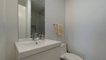 Hair dryer, towels, soap, shampoo