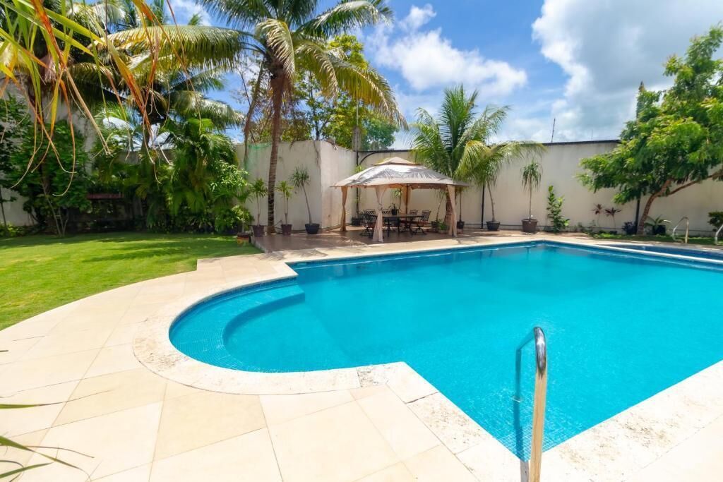 A swimming pool with a curved edge, surrounded by a tiled deck and palm trees.