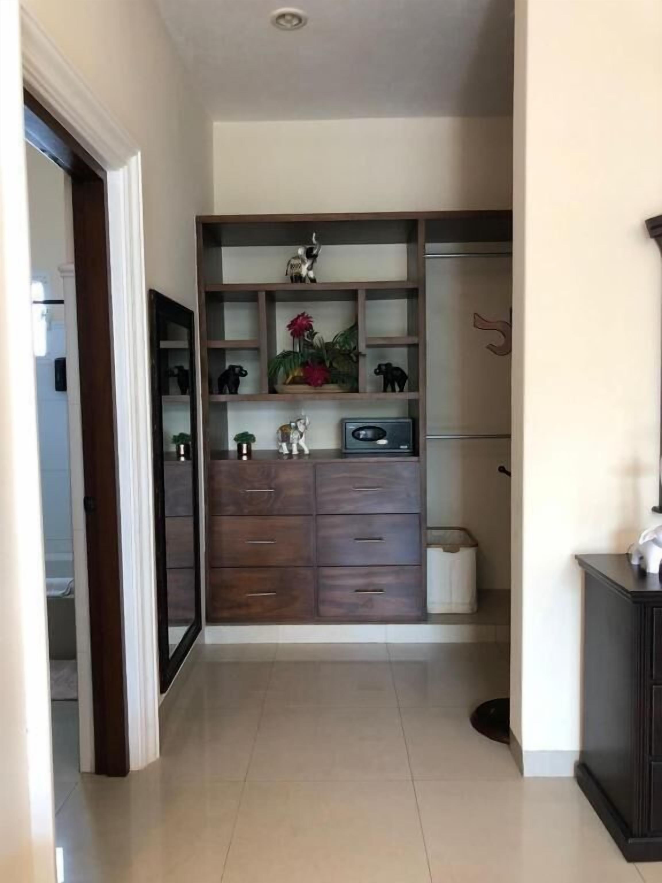 A hallway with a dark wooden wardrobe, a mirror, and a small plant on the shelves.