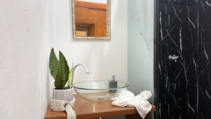A bathroom with a glass sink, a potted plant, a towel, and a mirror on the wall. - Casa Cordoba (Bogotá)