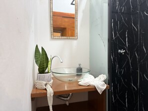 A bathroom with a glass sink, a potted plant, a towel, and a mirror on the wall. - Casa Cordoba (Bogotá)