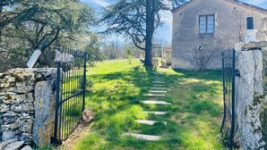 Un sendero de piedra conduce a un edificio rústico de piedra con una ventana, rodeado de follaje y una reja de metal.