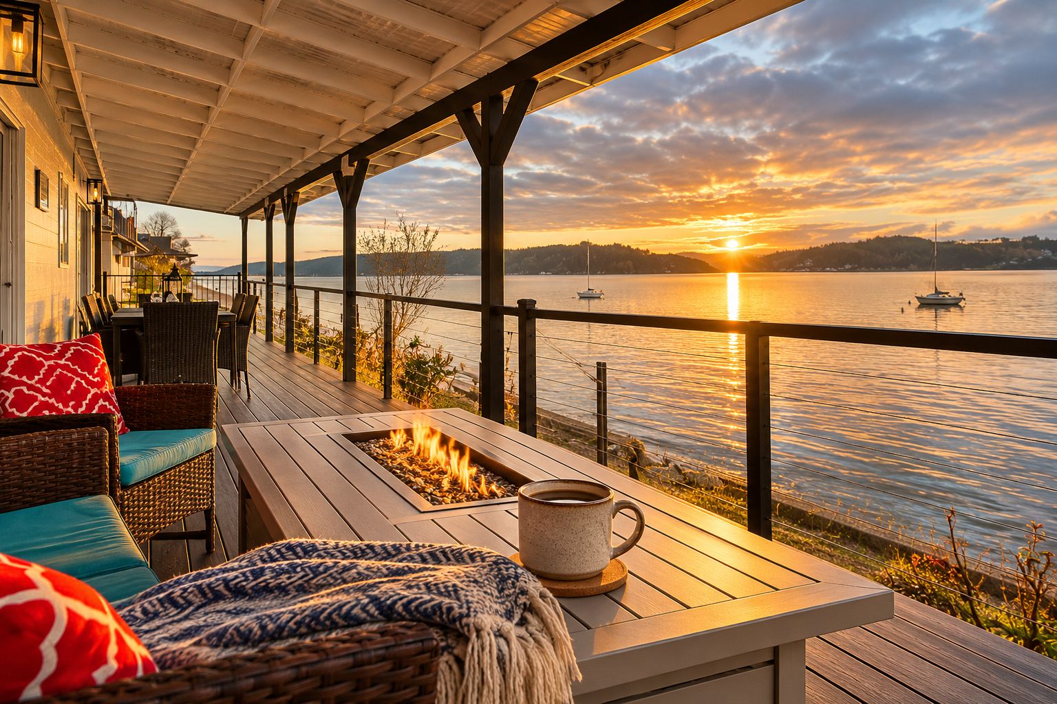 A deck with outdoor seating, a fire feature, and a view of a lake with boats.
