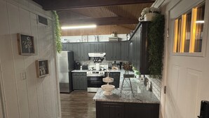Une cuisine moderne avec des meubles de couleur sombre, un îlot central et une plante suspendue.
