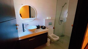 Shower, jetted tub, hair dryer, bidet