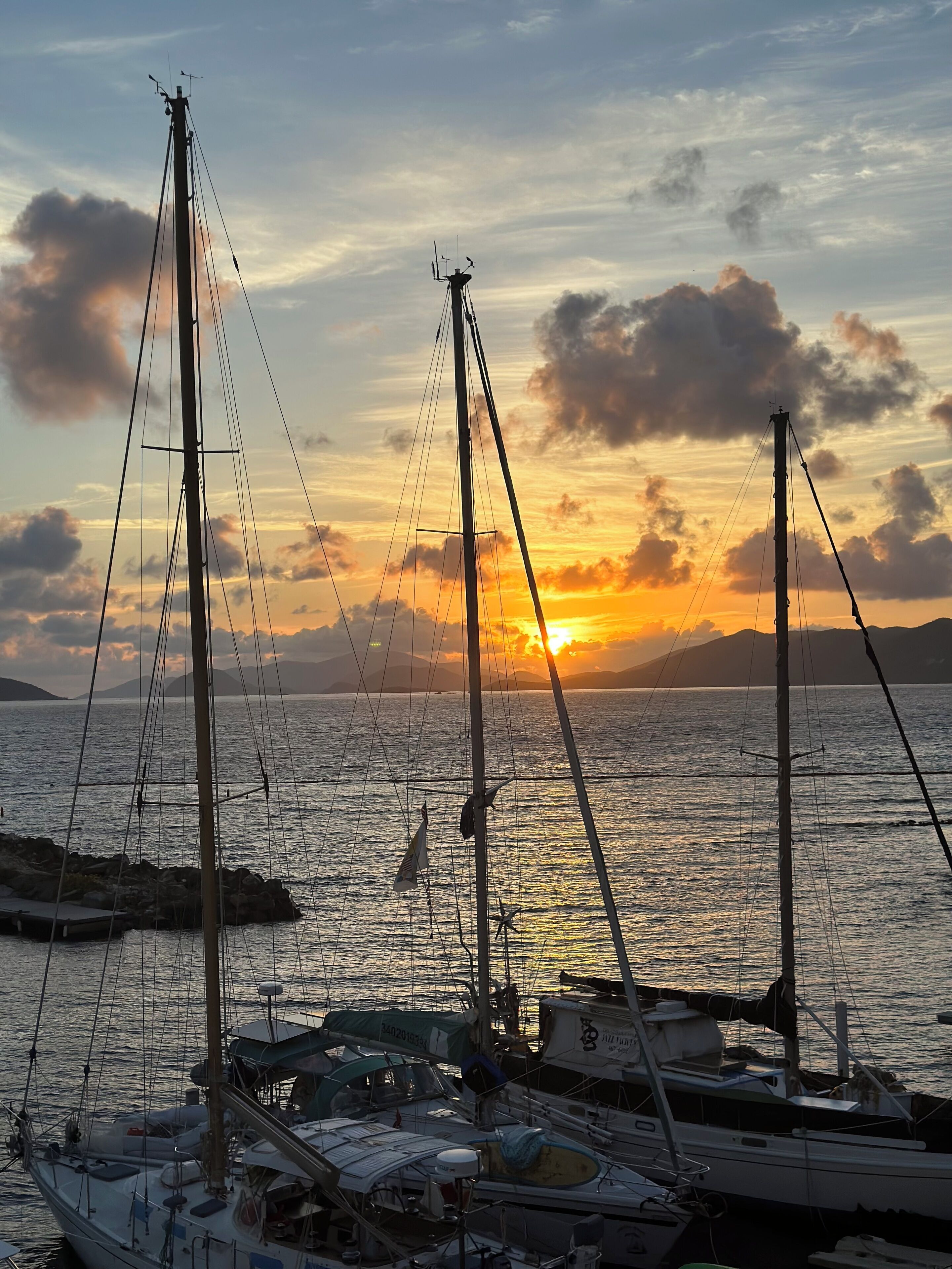 A marina with multiple sailboats docked, a clear sky, and the sun setting over the water.