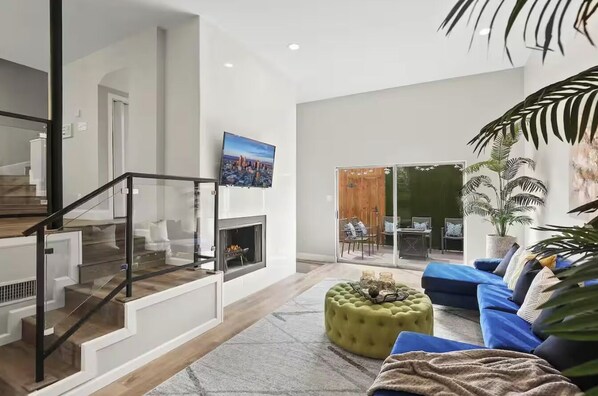 Smart TV, fireplace, books